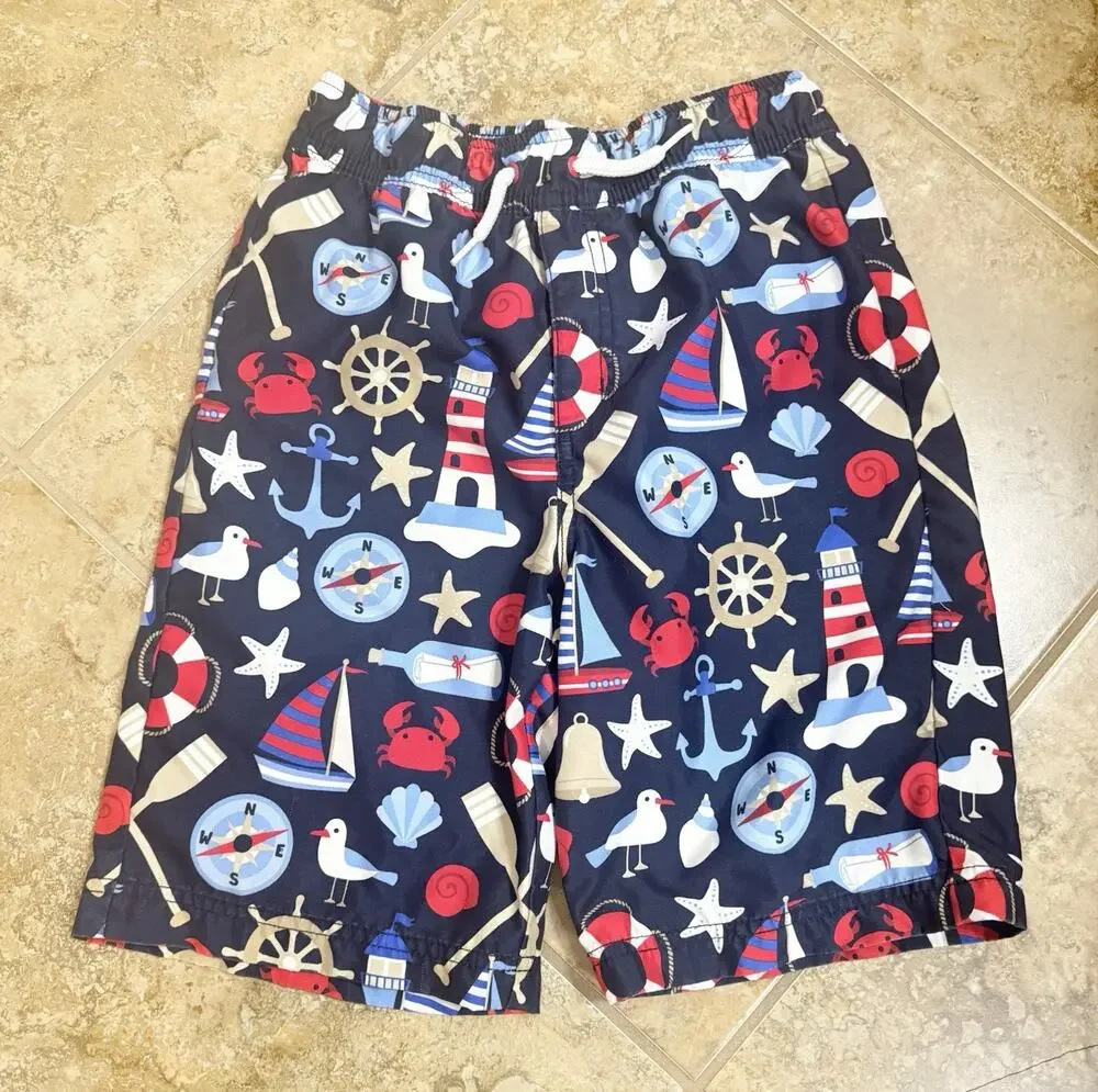 Gymboree Boys Size 10 Nautical Print Blue Swim Shorts Elastic Waist Drawstring